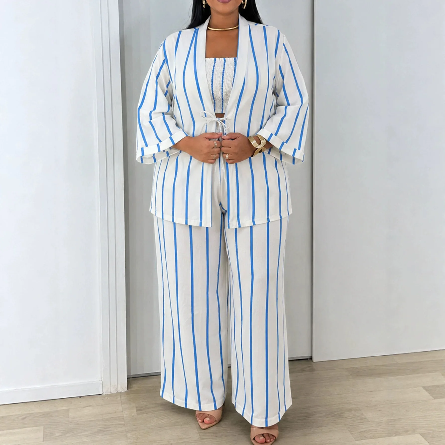 L-4XL Plus Size Dashiki African Clothes for Women Autumn 3 Piece African Long Sleeve V-neck Top Inner Long Pant Matching Sets