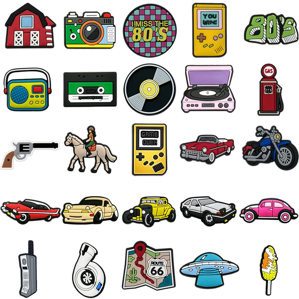 1/25PCS Retro 80s & Vintage Car Shoe Charms Set DIY Decorative Pins Cartoon Gameboy Cassette Clogs Accessories for Women Men