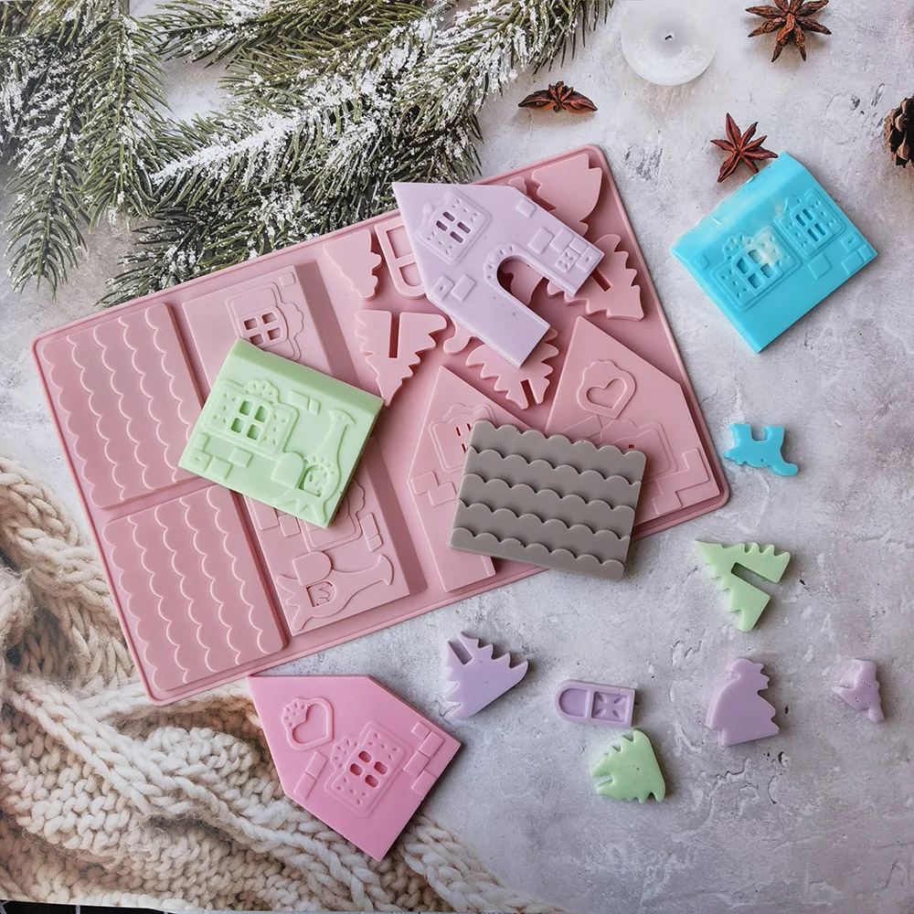 1pcs Christams Gingerbread House Silicone Mold Kit Navidad Chocolate Bakeware Handmade 3D Cookie Mold for DIY Biscuit Tool