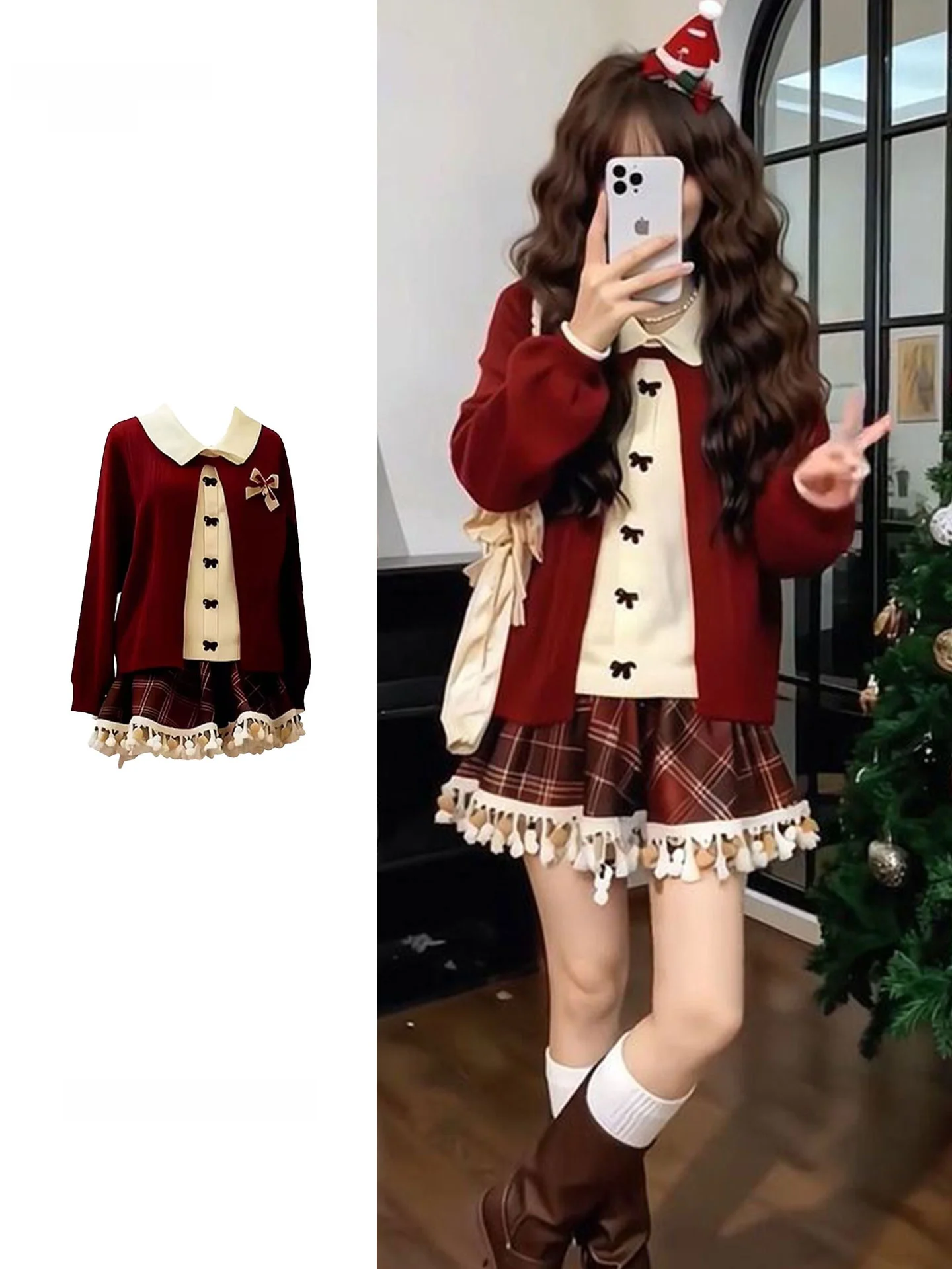 Christmas Red Sweater And Plaid Skirt Set with Bow Detail mid Waist Fluffy Tassel Winter Fashion Two-Piece Women's Outfit