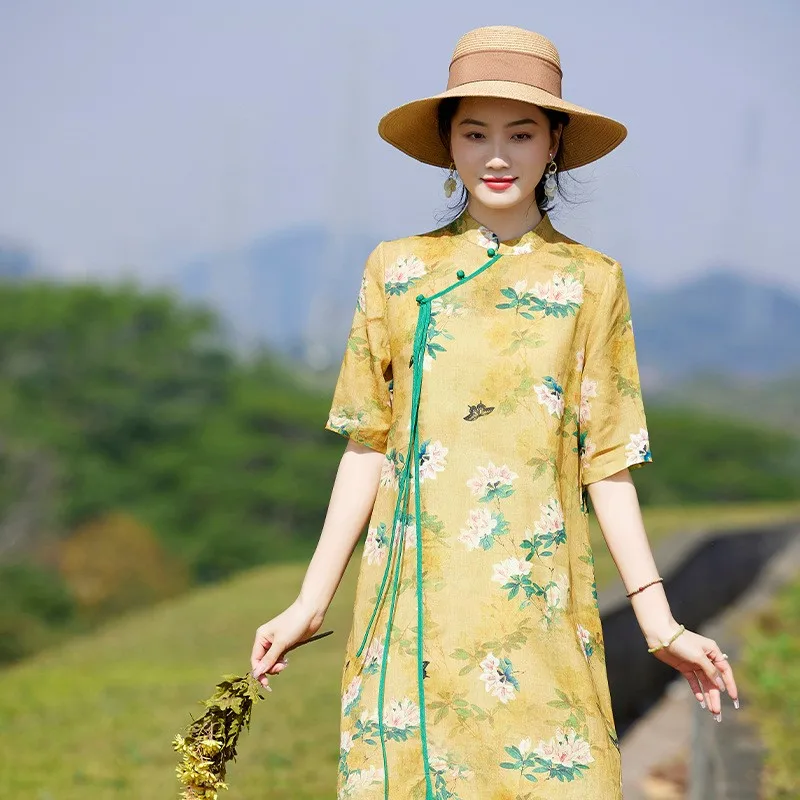 Verano 2023 adelgazante A-Line Midi Dr estampado Floral cuello Qipao mujer de talla grande tela de lino Casual ropa de oficina comodidad en el hogar