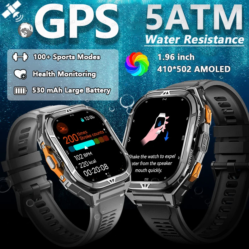 

Новые мужские умные часы с двумя диапазонами и GPS, 1,96-дюймовый HD AMOLED-экран, 5 АТМ, водонепроницаемый мониторинг здоровья, аккумулятор 530 мАч, спортивные умные часы