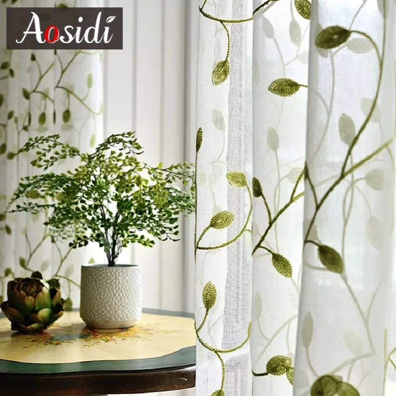 Embroidered Green Tulle Sheer Curtains for Living Room Bedroom Children Curtain for Window Ready-made Drapes Cortinas Rideaux