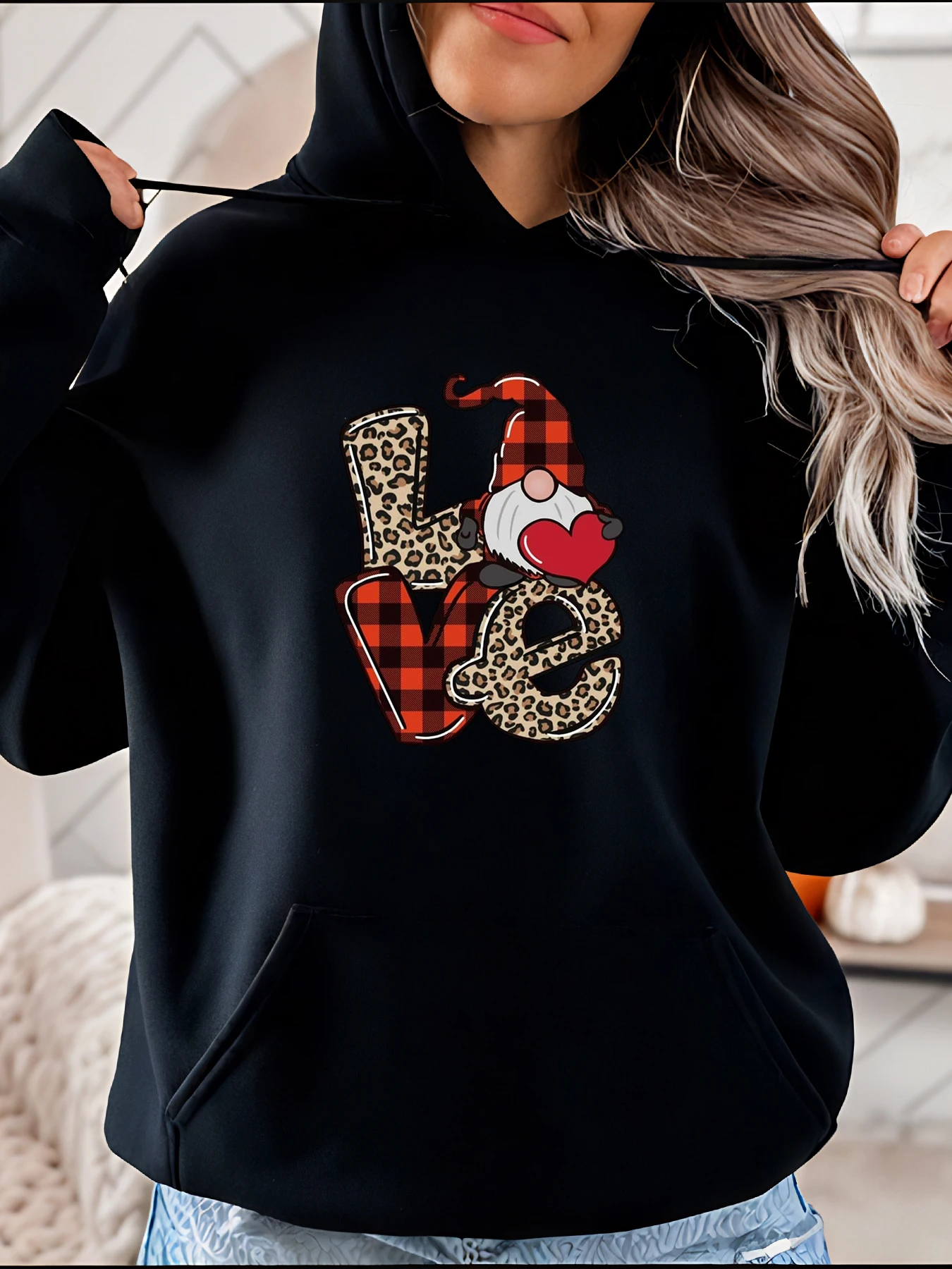 Amor gnome impressão hoodie casual roupa de inverno com padrão leopardo e xadrez feminino aconchegante streetwear para o dia dos namorados