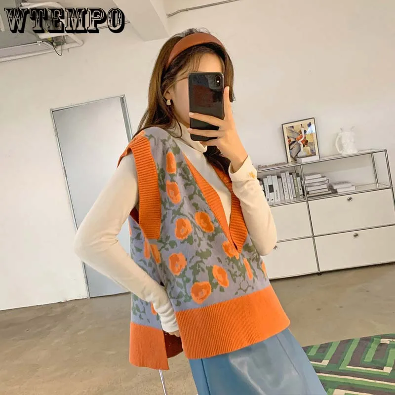 Floral Sweater Vest Women Autumn Winter Fashion Knitted Vest Sleeve Jackets  V Neck Woman Pullover Jumper Girl Sweater Wholesale