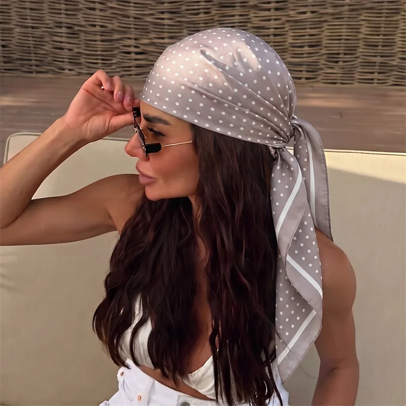 2026 Taupe White Polka Dot Satin Scarf Women 90x90cm Head Wrap Ladies Shawl Office Commute Wear Smooth Elegant Premium Quality