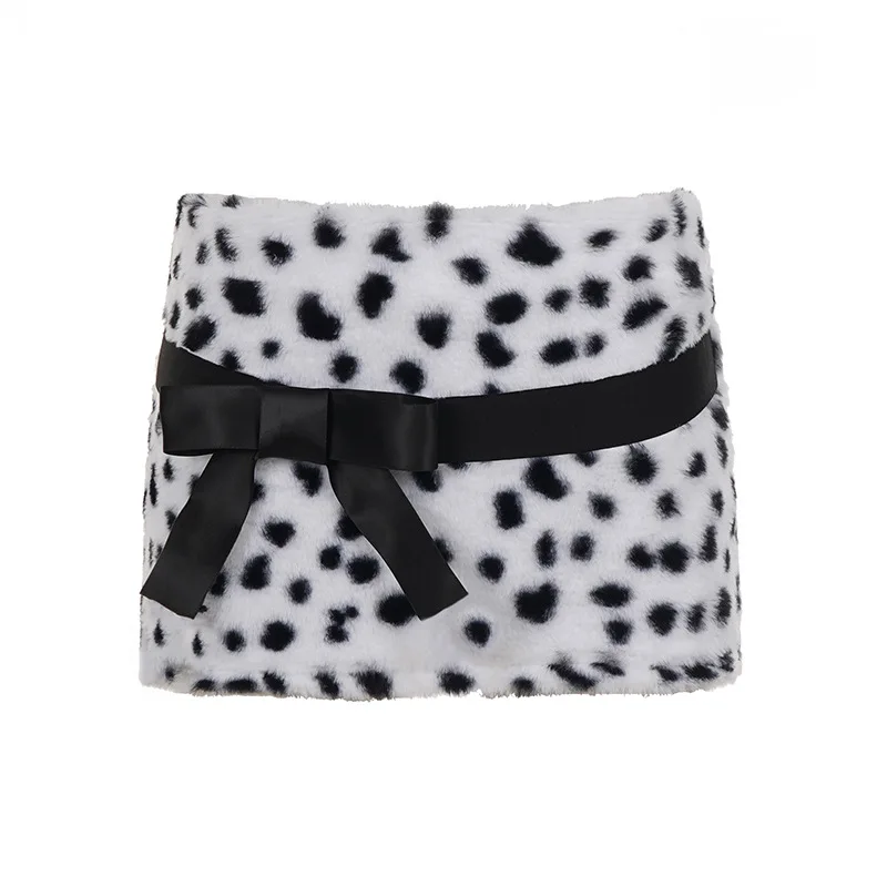 autumn and winter new spicy girl style black white spotted bow contrasting color fashionable and sexy wrapper hip skirt