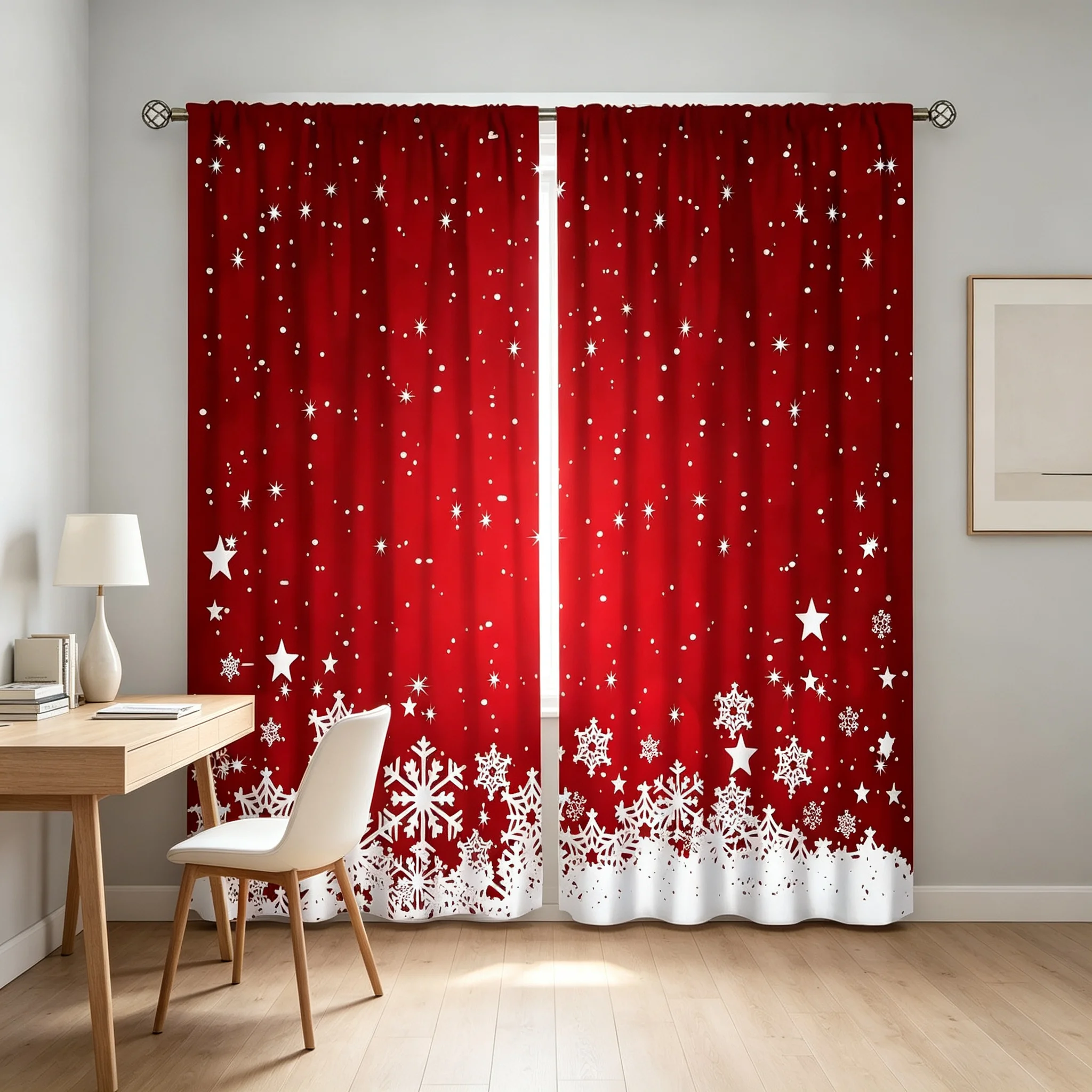 2PCS Christmas Curtains Red Background White Snowflake Star Pattern Digital Print Drapes for Living Room Bedroom Holiday Decor