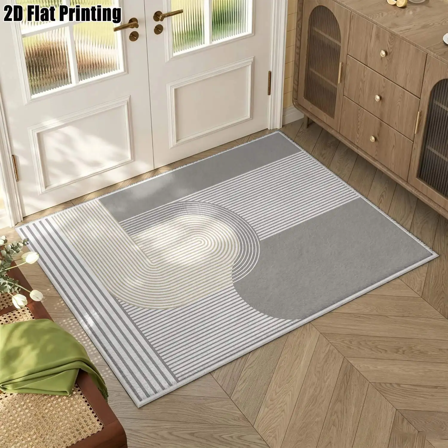 1Pc 2D Printed Gray Beige Geometric Line Pattern Carpet: Nordic, Modern Minimalist, Instagram Style Floor Mat, Home Decor, Multi-Size, Machine Washable, for Entrance, Dining Room, Foyer, Bedroom, Living Room