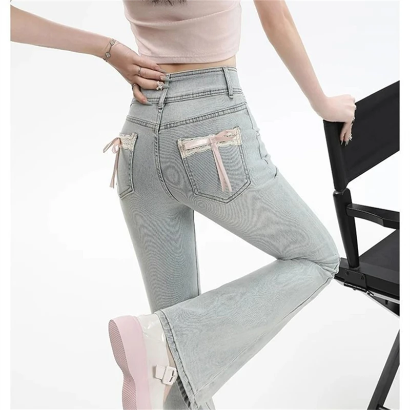 

Women's Bow Design Micro Flared Pants Sweet Girl Street Pants Fashion Bottoms Female High Waist Straight Bell-bottom Trousers