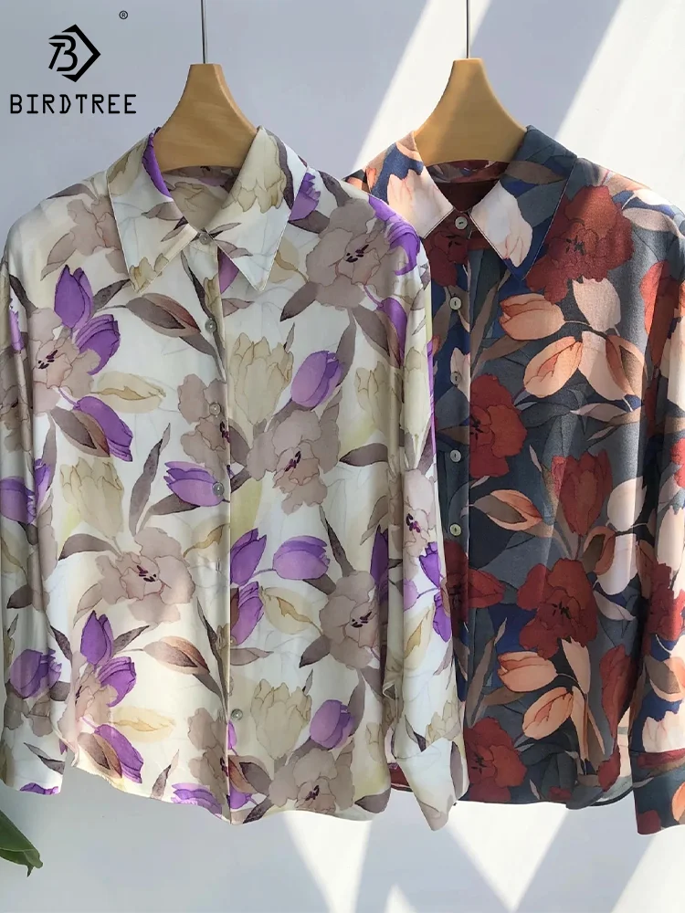 

Birdtree Long Sleeve Sandwash Floral Print,19MM 100%Mulberry Silk Elegant Shirts,Loose Blouses,2024 Spring New Tops,T39620QM
