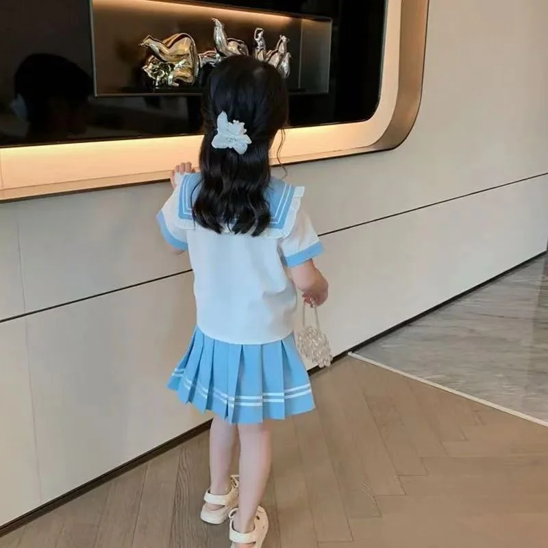Conjunto de uniforme de estudiante para niños y niñas, camisetas con cuello mandarín JK y faldas plisadas, traje de 2 piezas, uniforme escolar para niños, verano