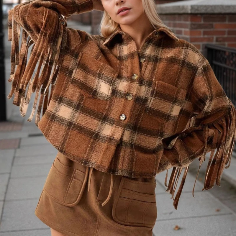 

New autumn 2025 vintage plaid sleeves with side tassel wool long sleeved jacket short