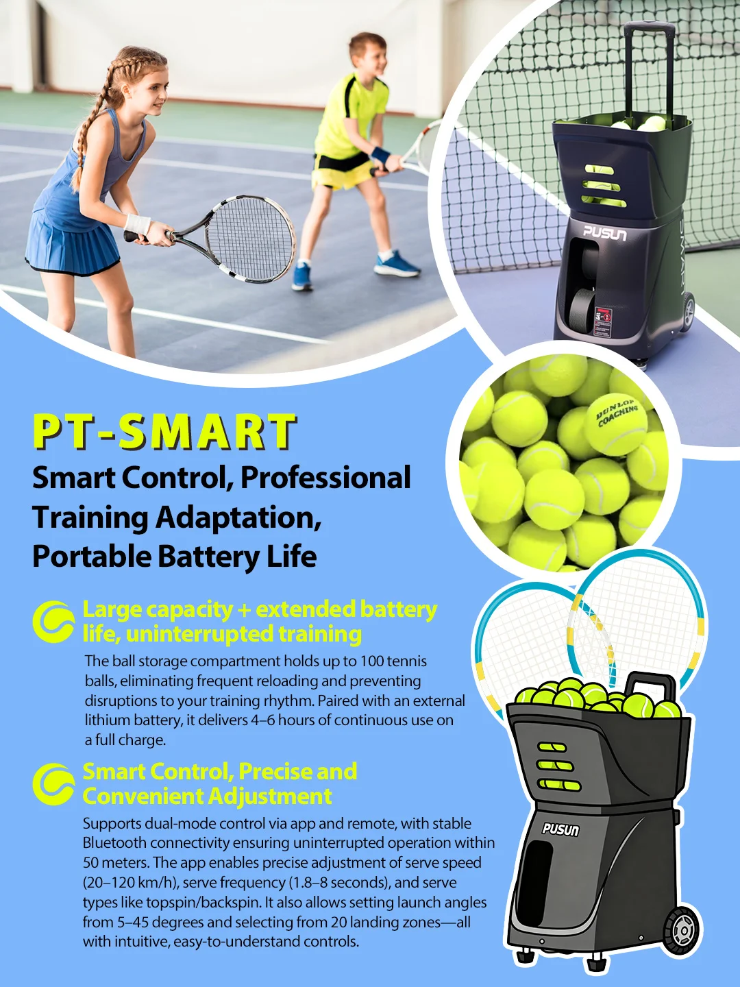 PUSUN PT-Smart Tennis Launcher Machine With APP Control Portable 100 Balls Top/Bottom Spin For Padel Tennis Training