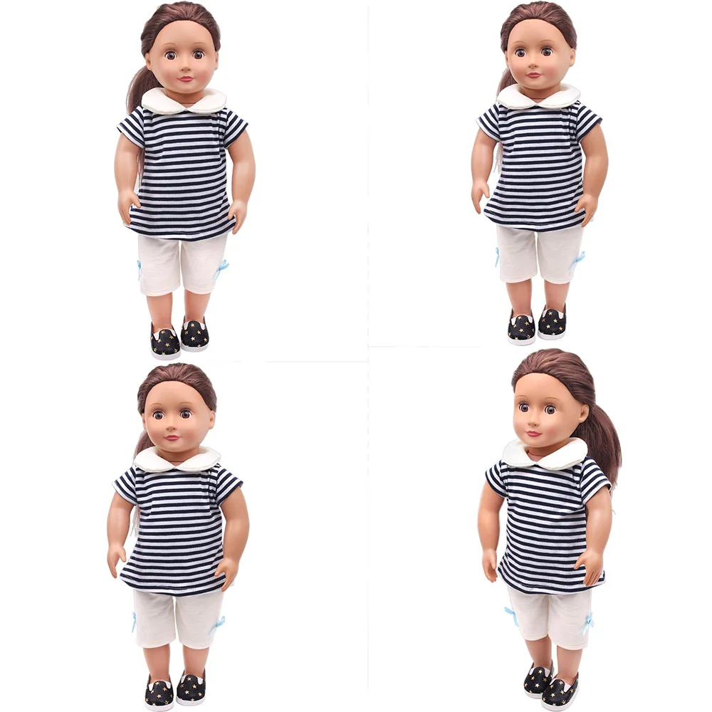 18 Inch Doll Girl Striped Set Doll Daily Easy to Wear Doll Collar Striped Top White Pants Simple to Match Doll Accessories