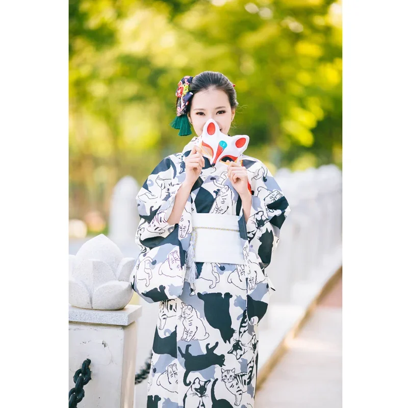 

Japanese Kimono Set Women Cute Cat Printing Robe Formal Dress Spring Geisha Yakata Stage Show Cherry Blossom Festival Clothing