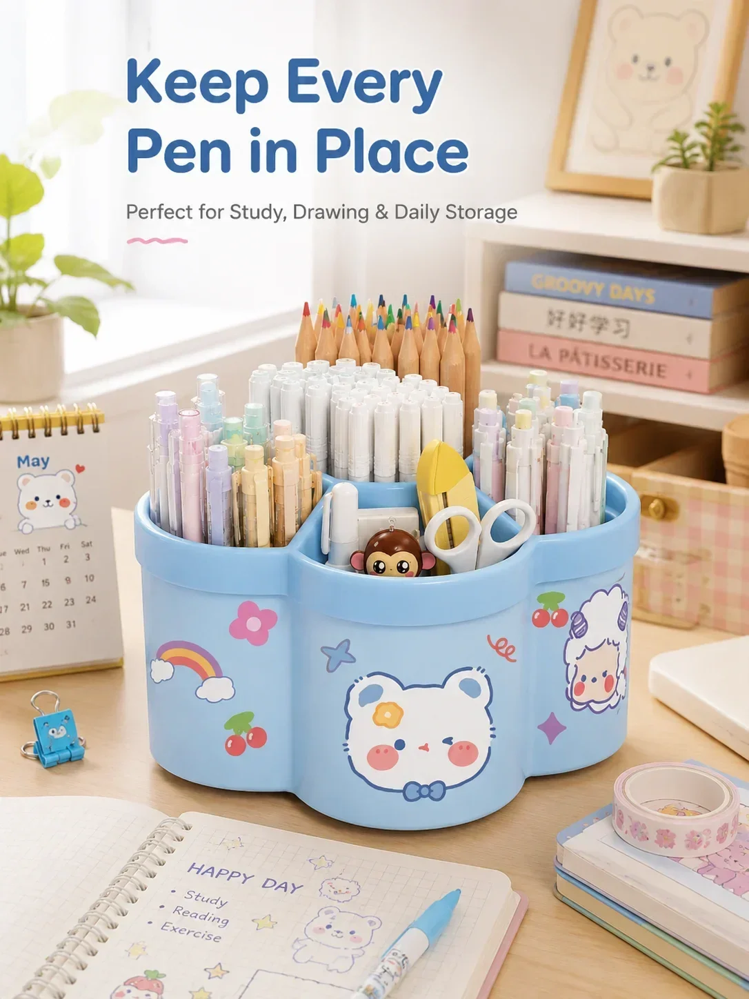 Rotating Pencil Holder, 360° Spinning Desk Organizer with 2 Layers Large Capacity for Students Office
