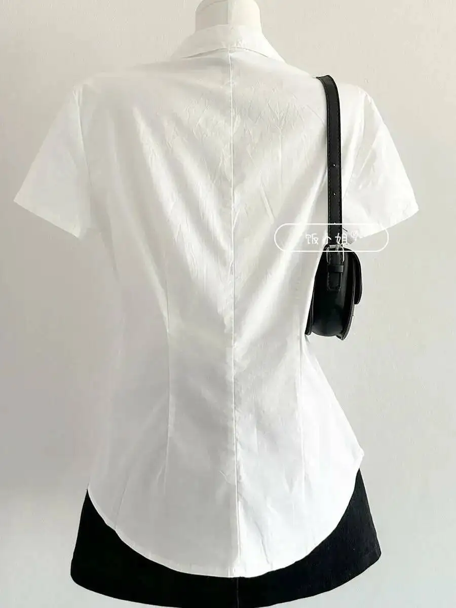 

Модная блузка в консервативном стиле с отложным воротником и v-образным вырезом с короткими рукавами, универсальная блузка Haruku, простая облегающая одежда, топы на пуговицах Y2k