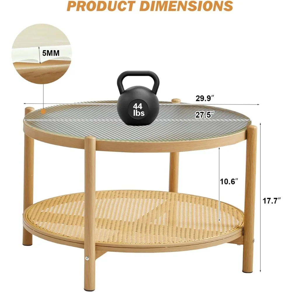 27.5 Boho Rattan Coffee Table, Round Glass Metal Center Table, Modern Simple 2 Tier Middle Table for Small Space Living