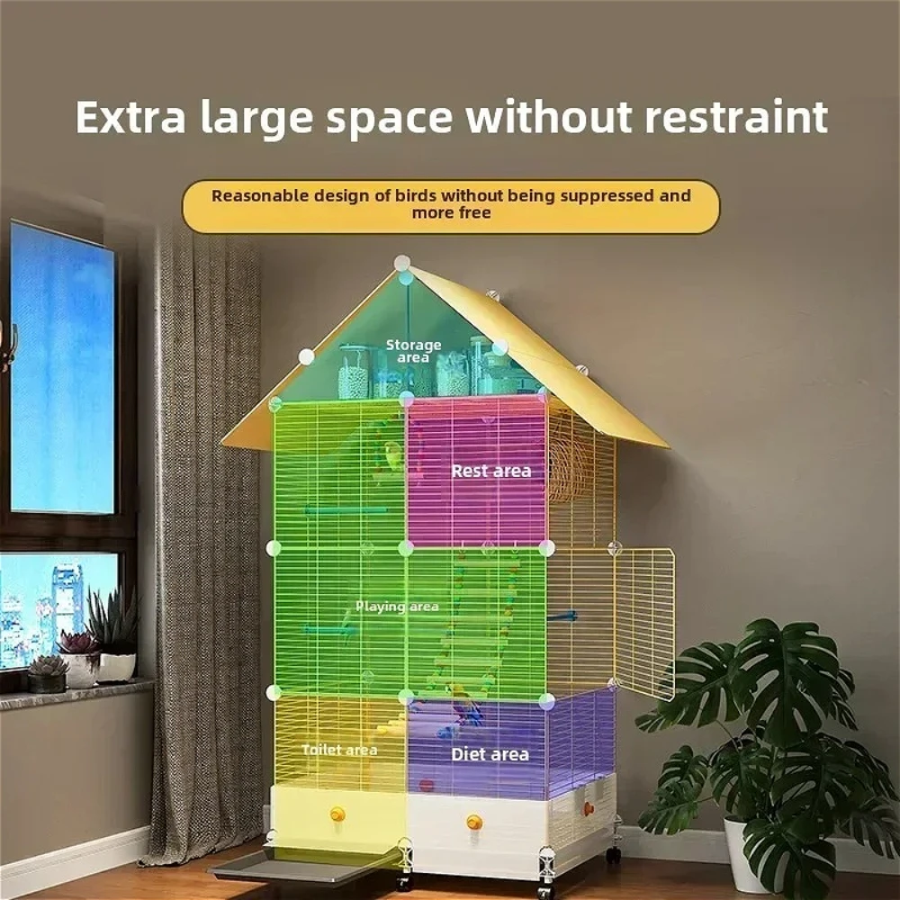 Bird Cage Parrot Cage White Yellow Three-layer Indoor Large Space Villa Style Splash-proof Solid Appearance Beautiful