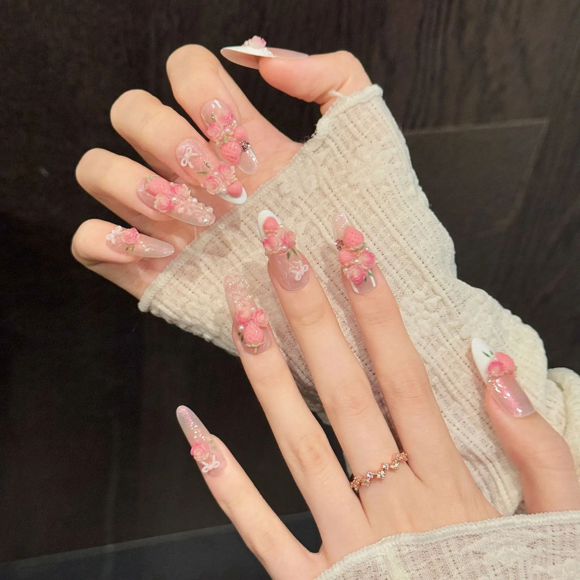 10PCS Long Oval Handmade Press On Nails,Gentle And Delicate Girl Style,Suitable For Festivals Parties And Daily Wear.