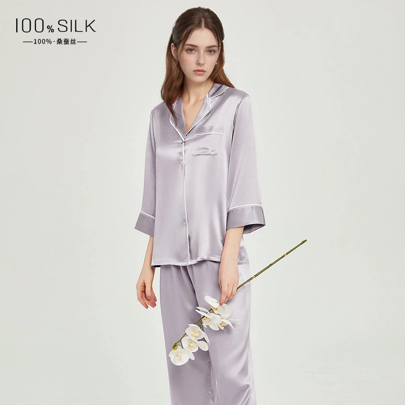 19MM 100% Mulberry Silk Woman Sleep Shirts and Trousers Pajamas Set Autumn Sleepwear Negligee Casual Loungewear Pajama Set