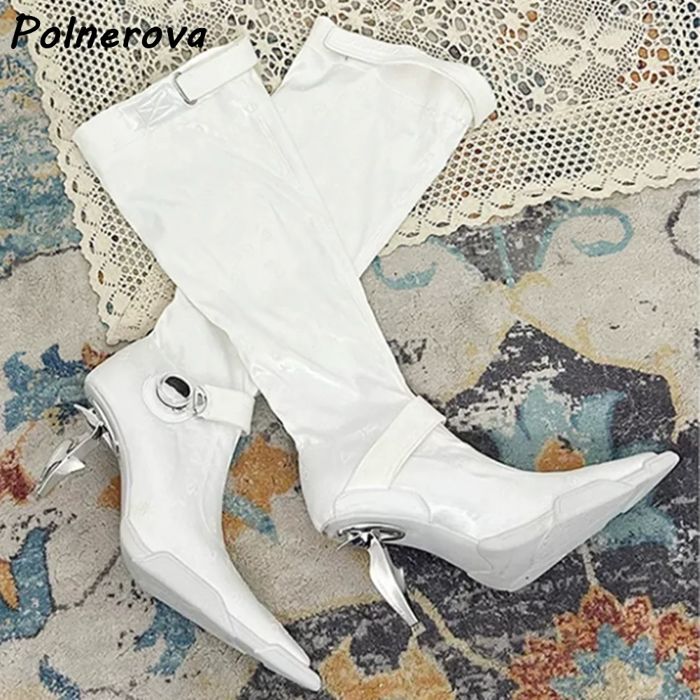 Futuristic Techwear Knee High Boots Sculptural Metal Heel Monogram Printed Satin Shoes Cyberpunk Pointed Toe Sexy Stiletto Shoes view 5