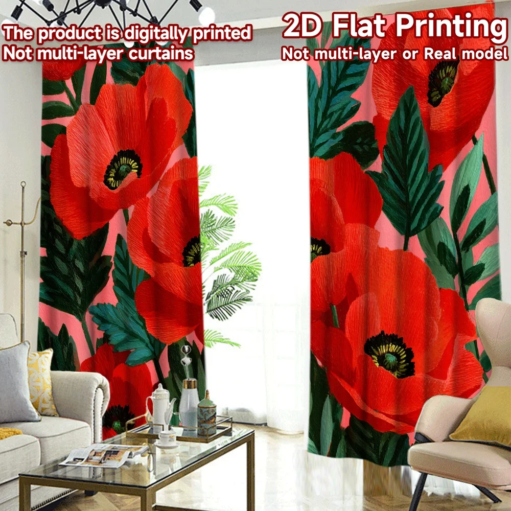 2D Flat Printing,2pcs Floral Red Poppies on Pink Chic Pattern Curtains Polyester Curtains Holiday Suitable for digital printing