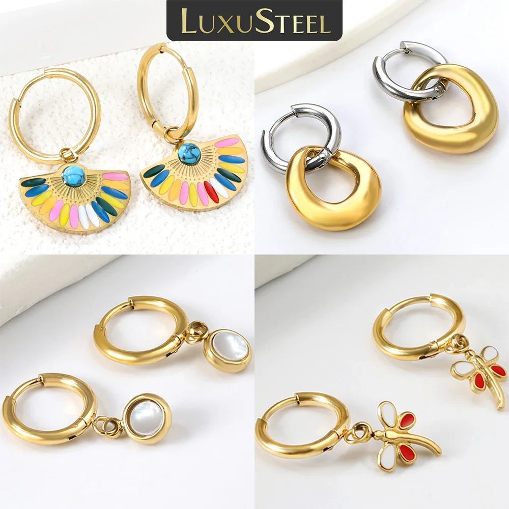 

LUXUSTEEL Colorful Fan Shape Earring Women’s Hoop Earrings Stainless Steel Shell Female Earring Oil Drop Butterfly Jewelry Gift