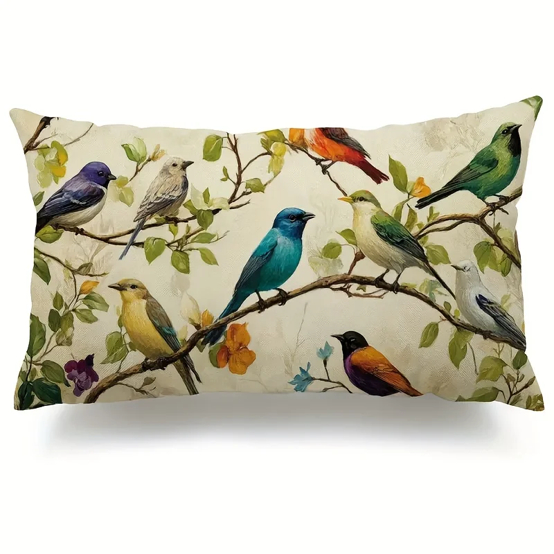 1pc Oil Painting Style Birds on Branch Pillow Cover,Suitable for Sofa, Bedroom, Living Room, Study,Artistic Gift for Bird Lovers