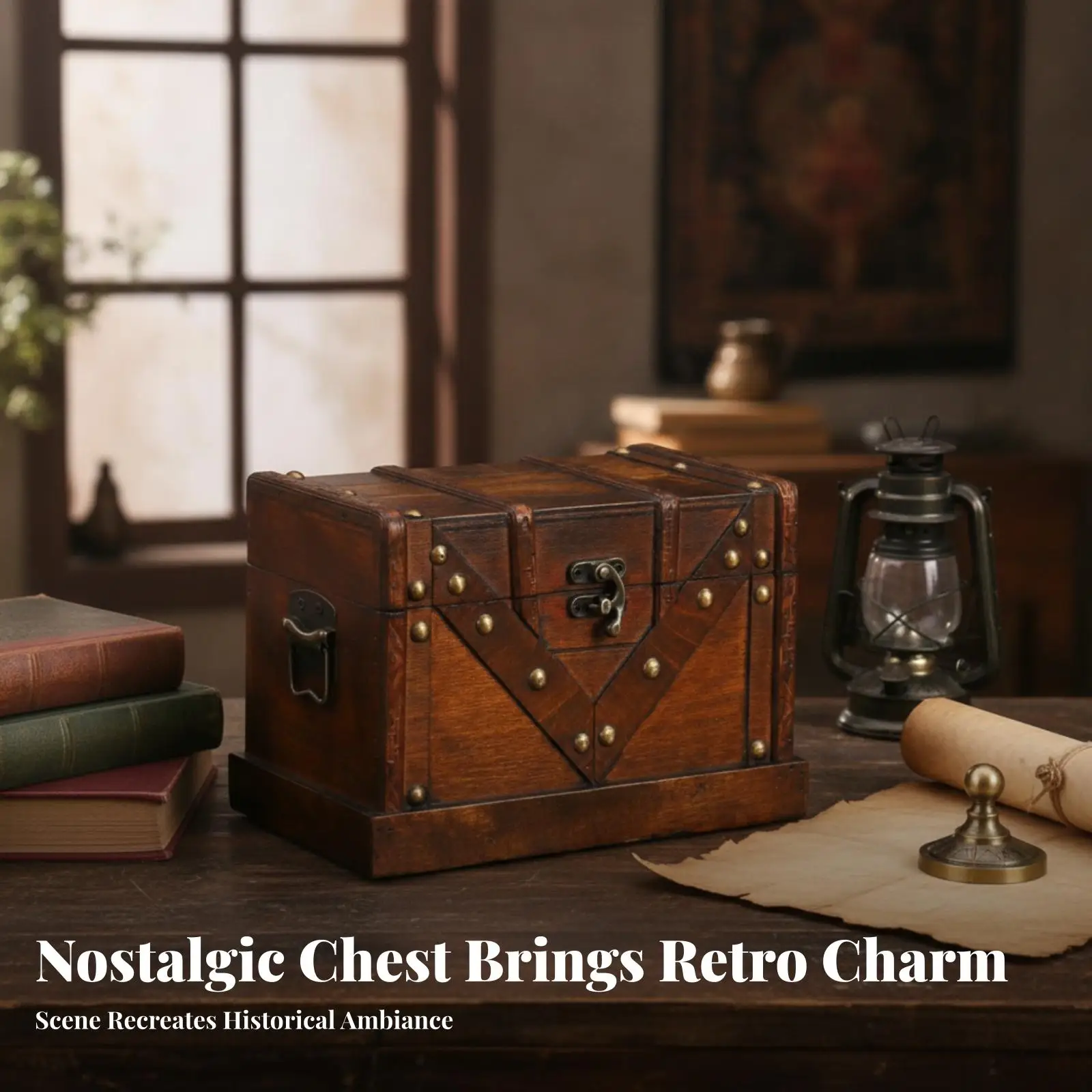 Desktop Storage Box Hinged Lid Wooden Storage Dark Brown Wooden Treasure Chest