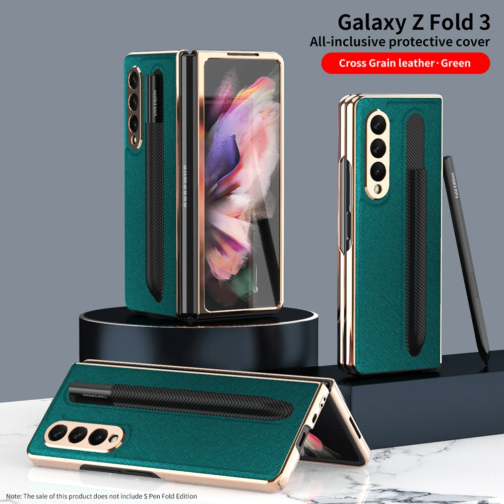 

Кожаный тонкий чехол с полным покрытием для мобильных телефонов Samsung Galaxy Z Fold3, задняя крышка для Fold3 с передней стеклянной пленкой и слотом для ручки