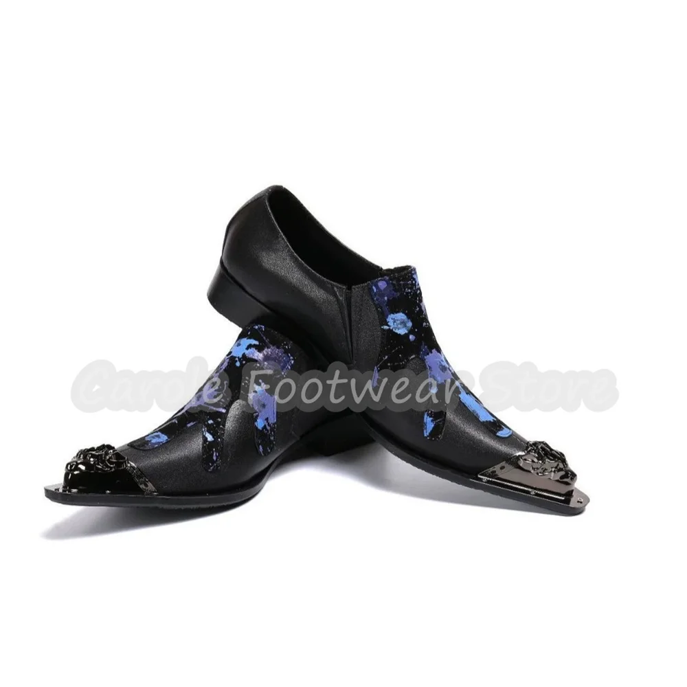 Ink Splash Print Male Metal Pointed Toe Loafers Fashion Carving Leather Slip On Formal Oxfords Nightclub Wedding Party Shoes