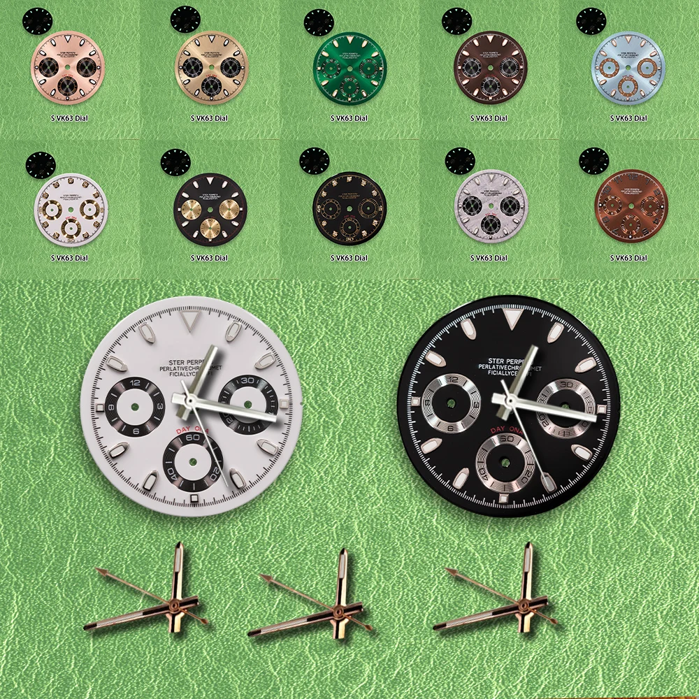 S Logo Dial 29.5mm Panda Meteorite Blue Dial black VK63 Dial Fit VK63 Movement Green Luminous Watch Modification Accessories