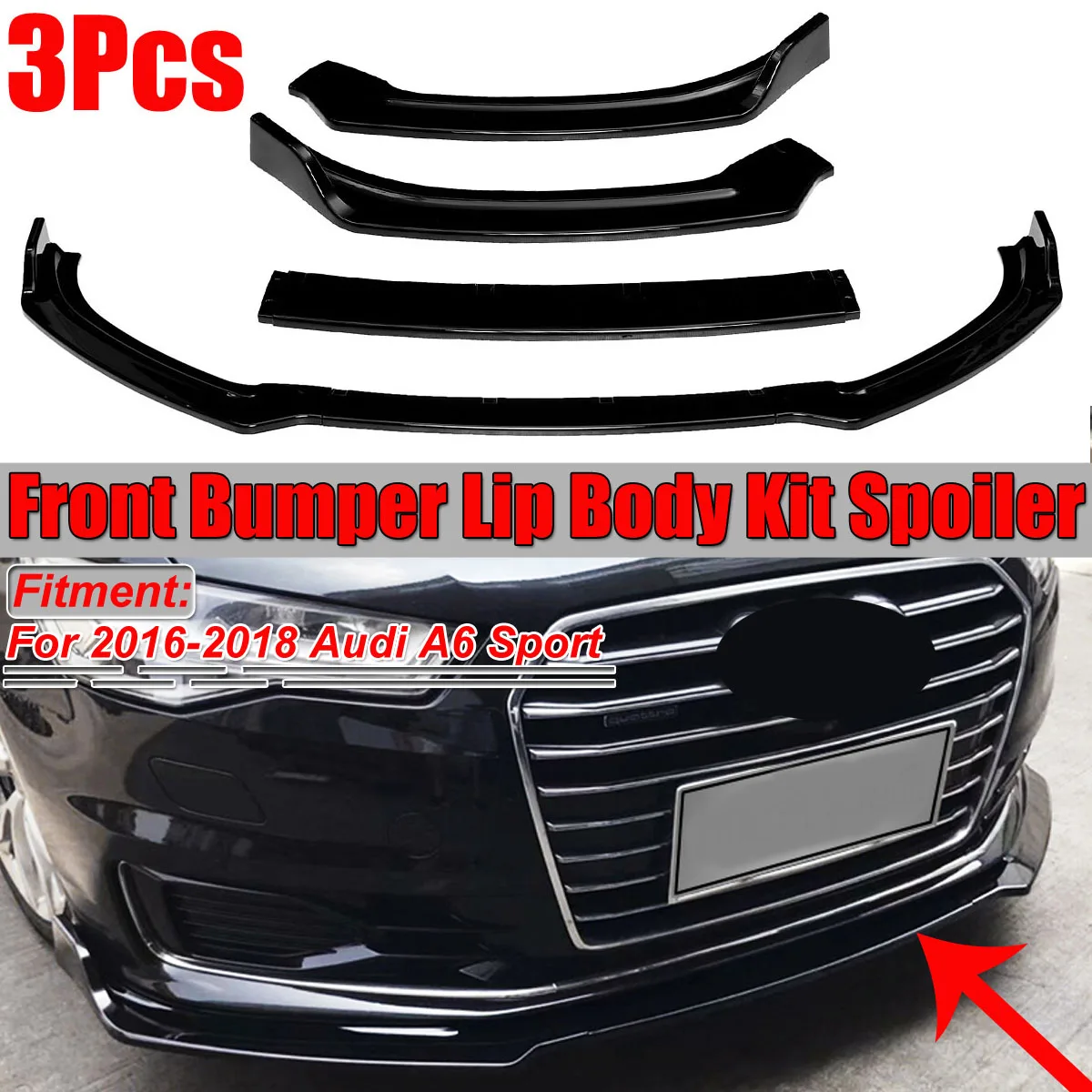 3PCS Gloss Black A6 Car Front Bumper Lip Diffuser Spoiler Splitter Cover Trim For Audi A6 Sport 2016 2017 2018