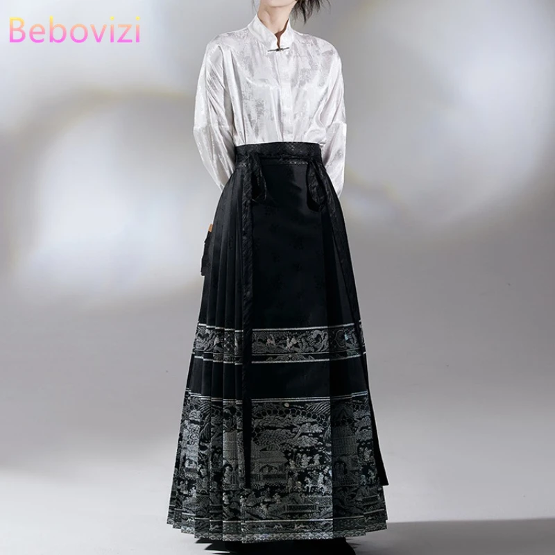 

Retro Hanfu Traditional Chinese Clothing Horse Face Skirt Stand Collar Shirt for Women Clothes