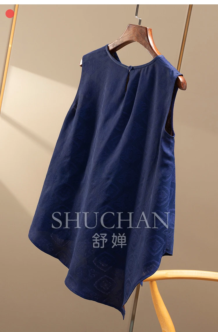 2025 Luxury Sapphire Blue Heavy Silk Fragrant Cloud Yarn Jacquard Vest Shirt Women's 74B3 Blusas Mujer De Moda Verano