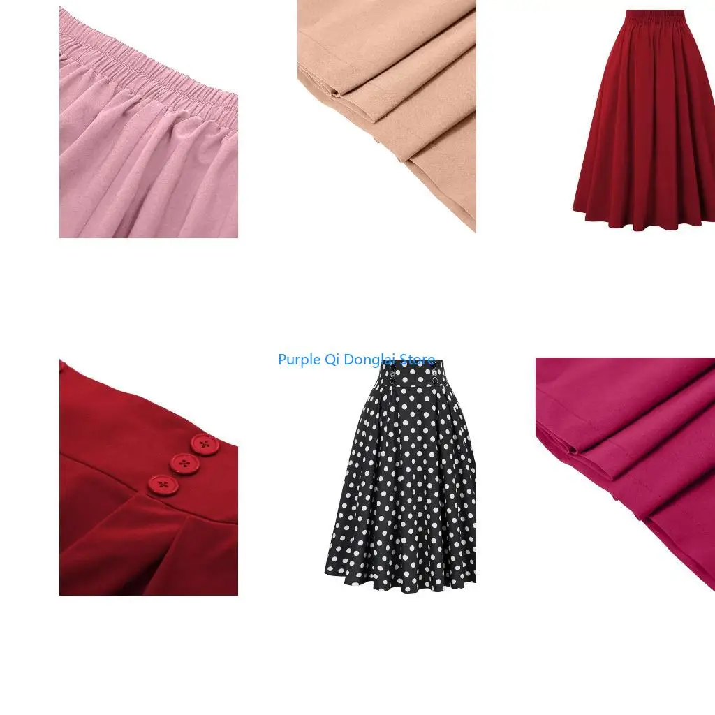 L21E Women A Line Pleated Midi Skirt for Prom Casual Wear Button Waist Polyester