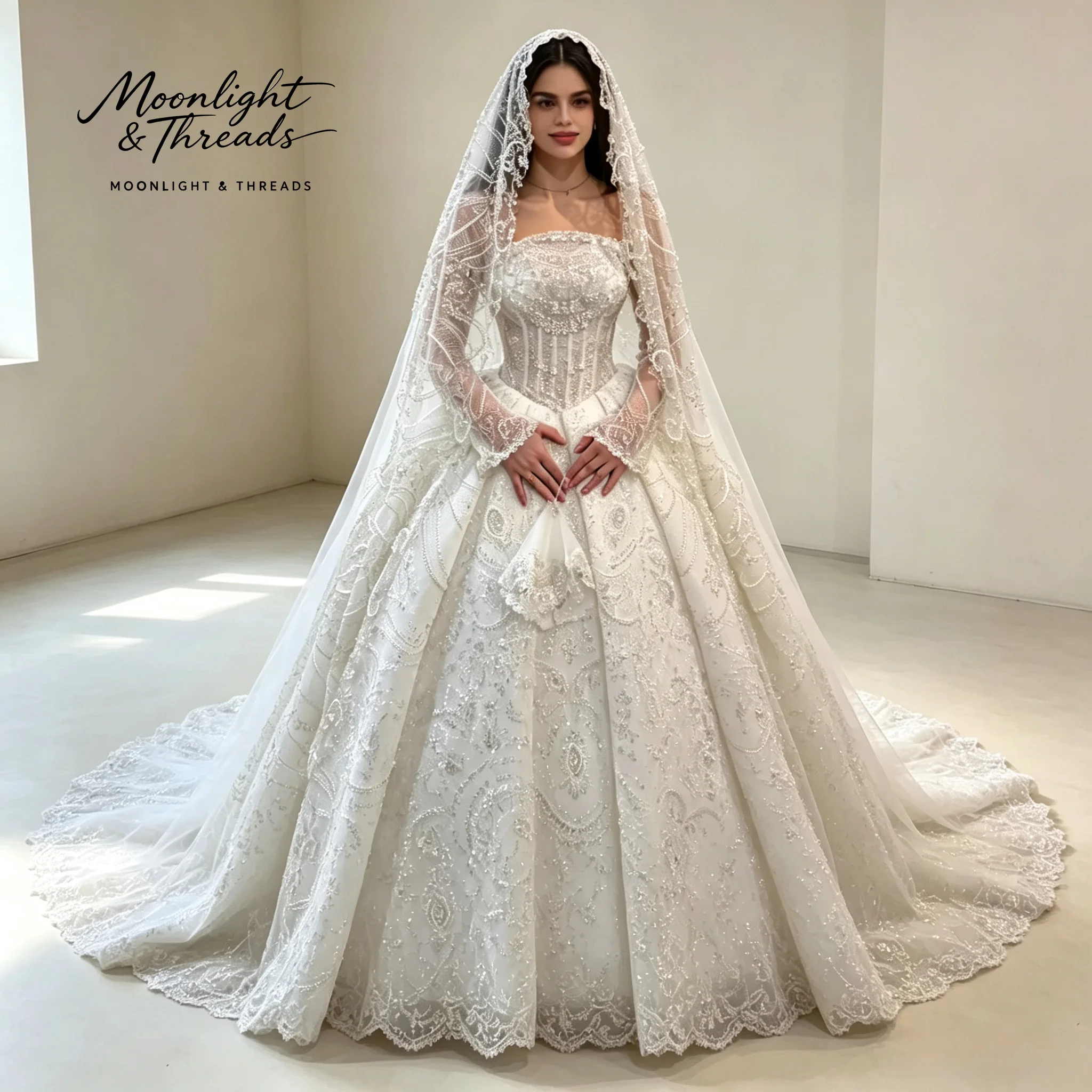 Embroidery Veil - ชุดแต่งงานทรงบอลกาวน์สุดหรู ประดับลูกปัด ลูกไม้ปักลาย ตัวเสื้อคอร์เซ็ต แขนยาวซีทรู พร้อมผ้าคลุมหน้าเจ้าสาวแบบยาว