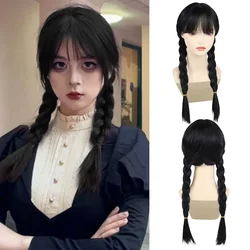 Peruki syntetyczne dla kobiet długie czarne peruki plecione włosy sztuczna skóra głowy linia włosów peruka do cosplay środa kostium Addams peruka na Halloween