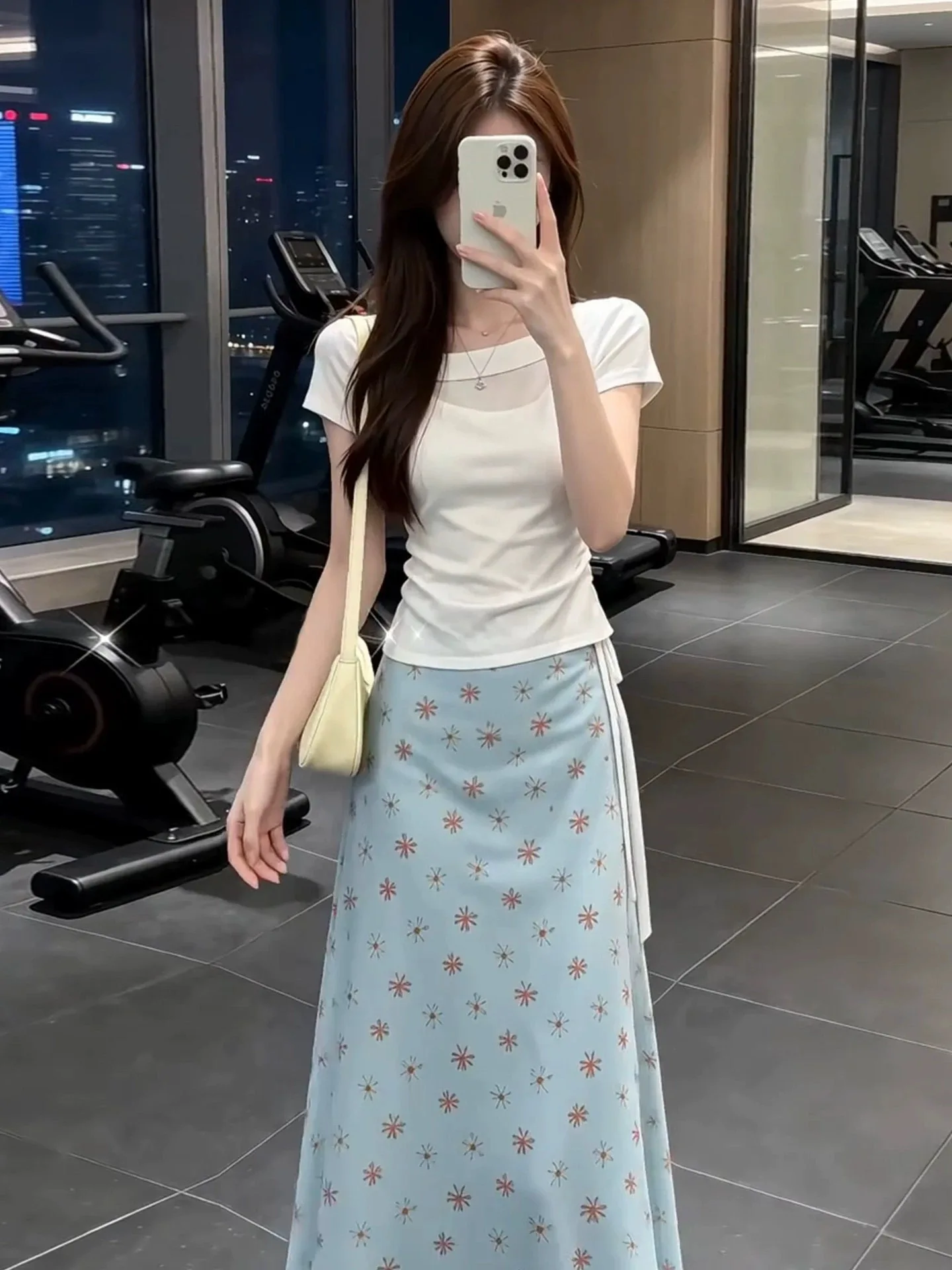 Blue Floral Print Slim Fit A-Line Midi Skirt Women's Summer Fashion Sweet Style Complete Set T-Shirt Casual Breathable Elegant