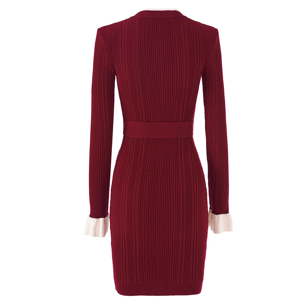 Vestidos cortos de punto liso con cinturón de una sola botonadura y cuello redondo para mujer, Vestidos elegantes de otoño 2025, Vestidos de fiesta de manga larga coreanos Chic