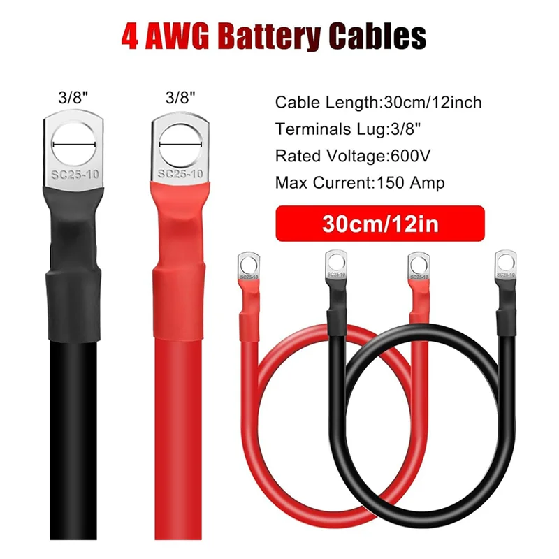 

ABJI-12PCS 4 AWG Battery Cables,30CM Marine Battery Inverter Cables Set, With 3/8In Tinned Copper Lugs,For Automotive Solar