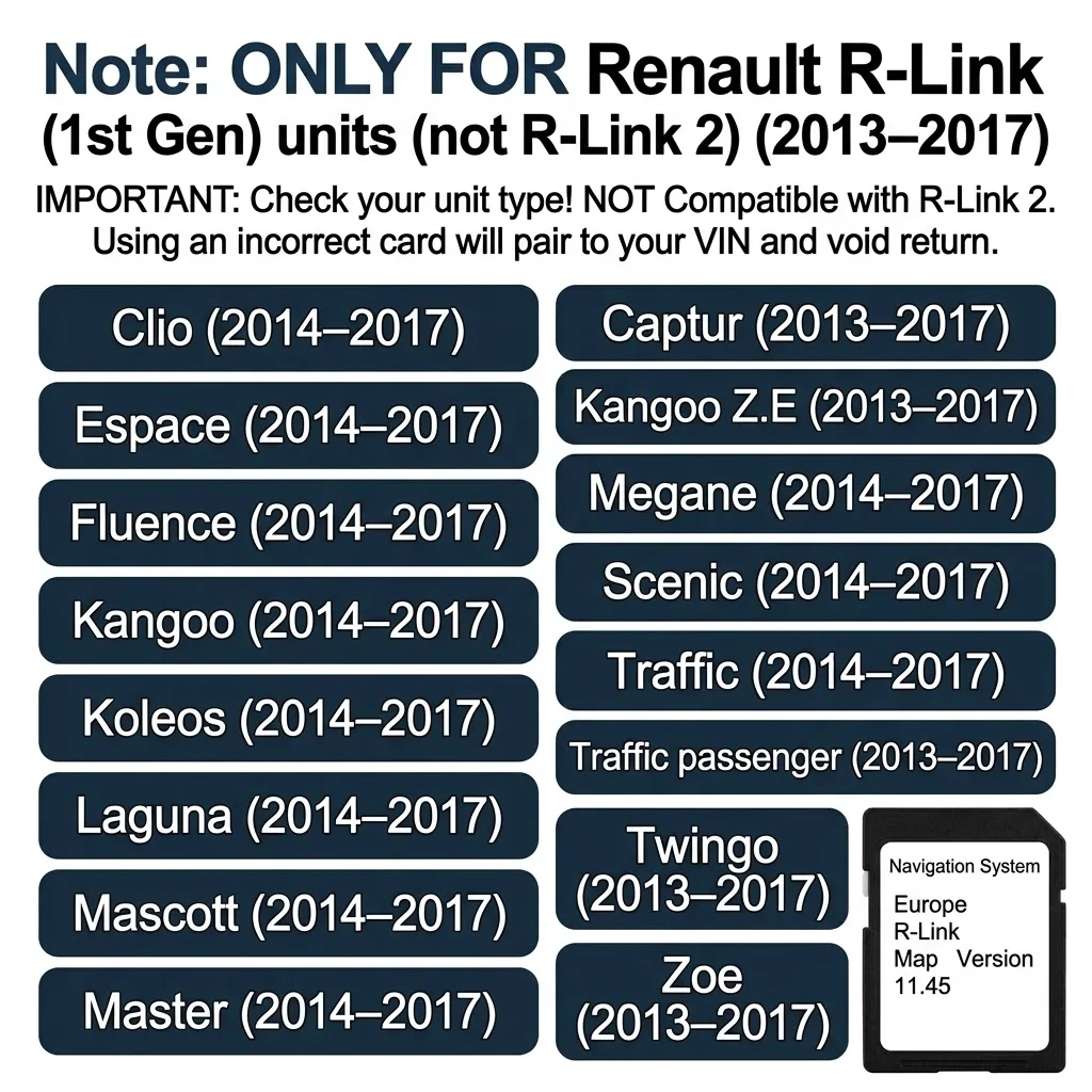 R‑Link 11.45 Sat Nav SD Card 2025 Europe UK Plug & Play Stable Performance Compatible For Renault 2013‑2017 Megane Clio Laguna