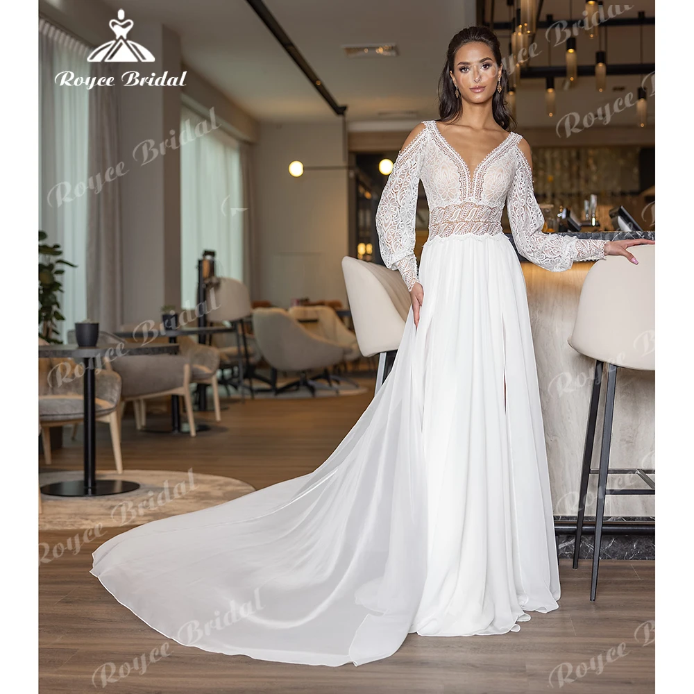 Roycebridal V-Neck A-Line Boho Wedding Dress 2026 Chic Lace Cut-Out Deep V-Back Bride Dress Vestidos Para Mujer Customized