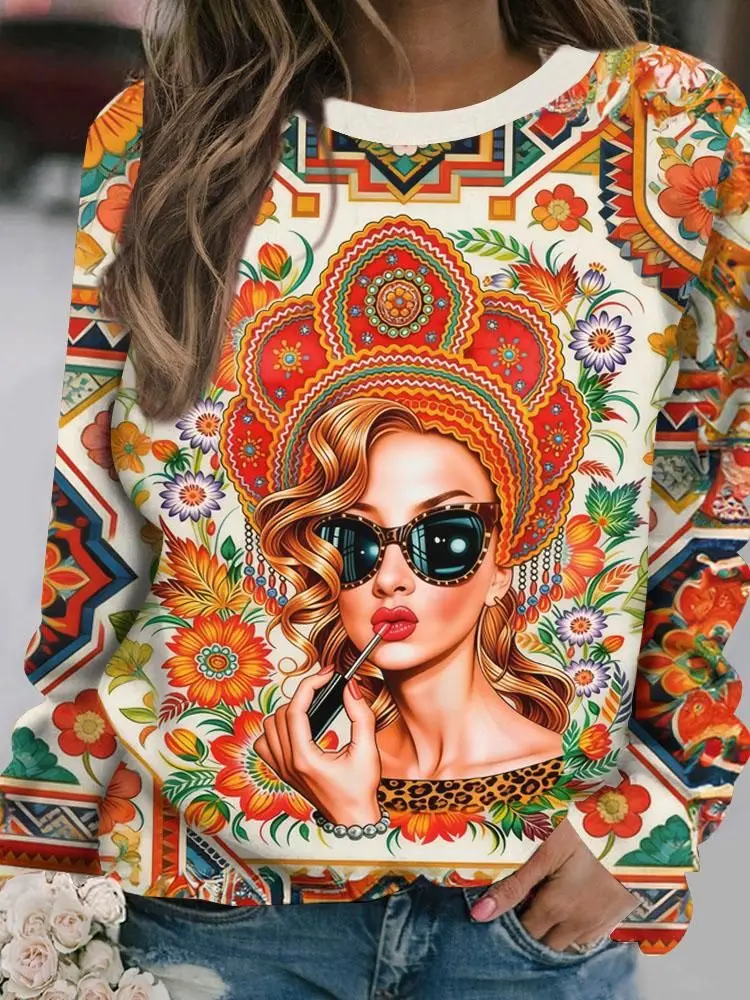 Russian Girl Long Sleeve T-Shirts Ethnic Flower 3D Print Women Casual O-Neck T Shirt Pullover Harajuku Tees Tops Female Clothing