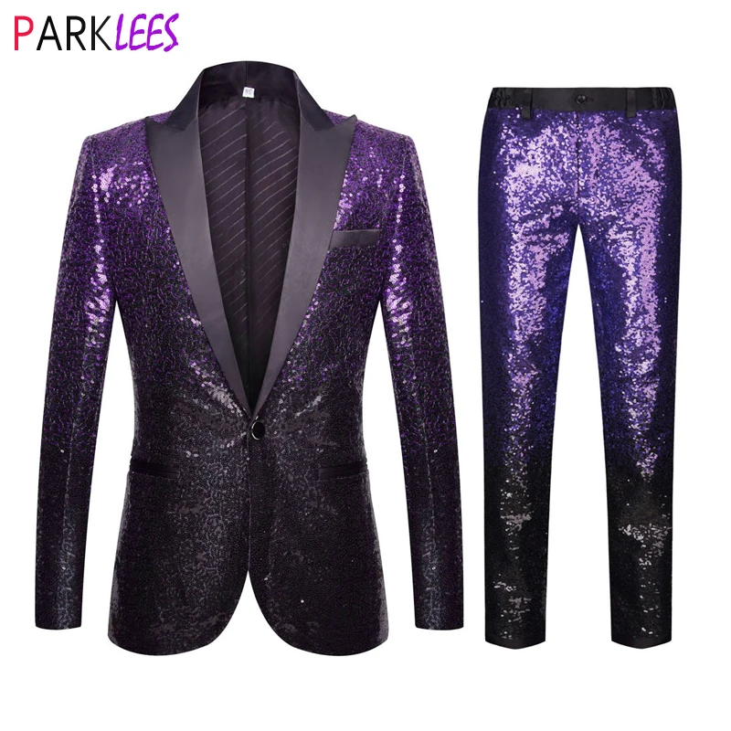 Luxury Purple Sequin Shiny Suit Pants Men Peak Collar One Button Wedding 2pcs Suits Mens Party Prom Stage Singer Costume Homme