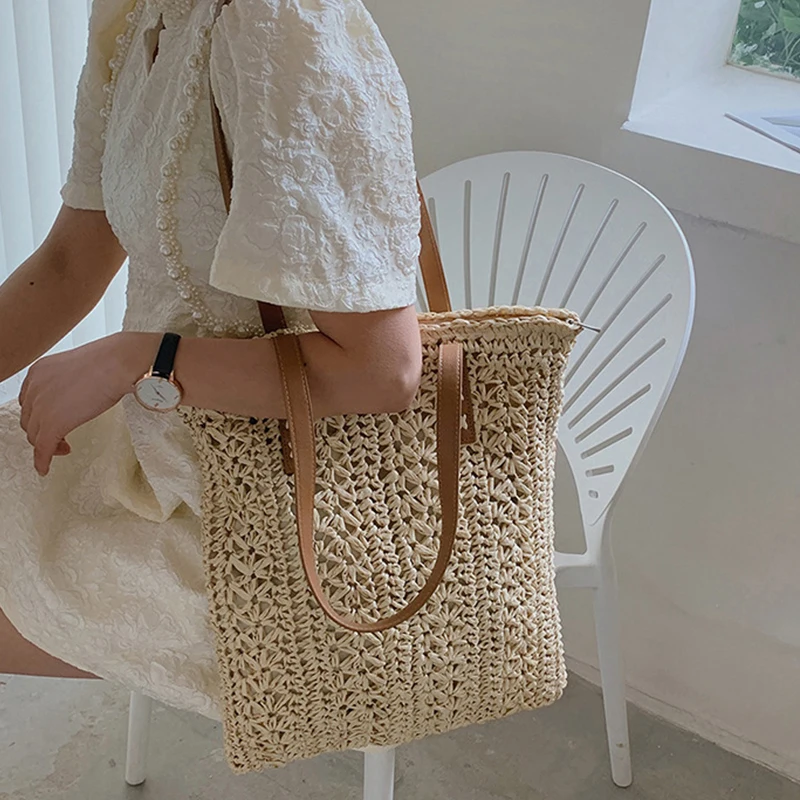 Square Hollow Straw Beach Bag Handmade Woven Shoulder Bag Raffia Rattan Shopping Travel Bag Bohemian Summer Vacation Casual Tote