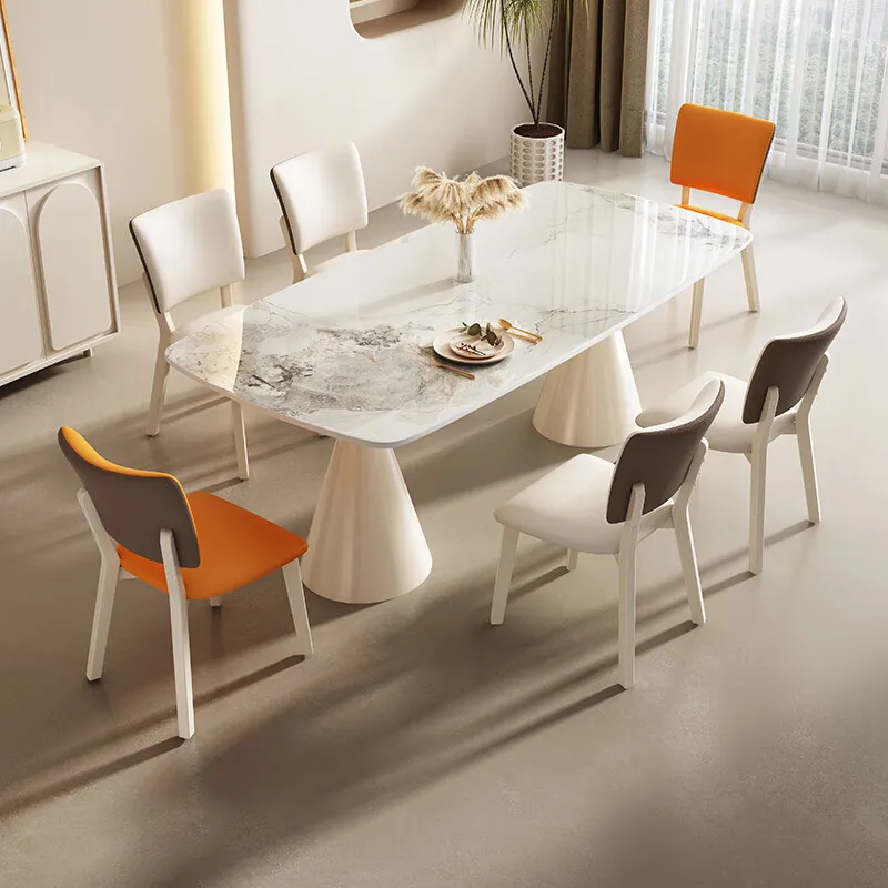 Modern Luxury Cream Wind Marble Oval White Dining Table Chair Set 4 6 Seater Restaurant Kitchen Metal Elegant Furniture Designs
