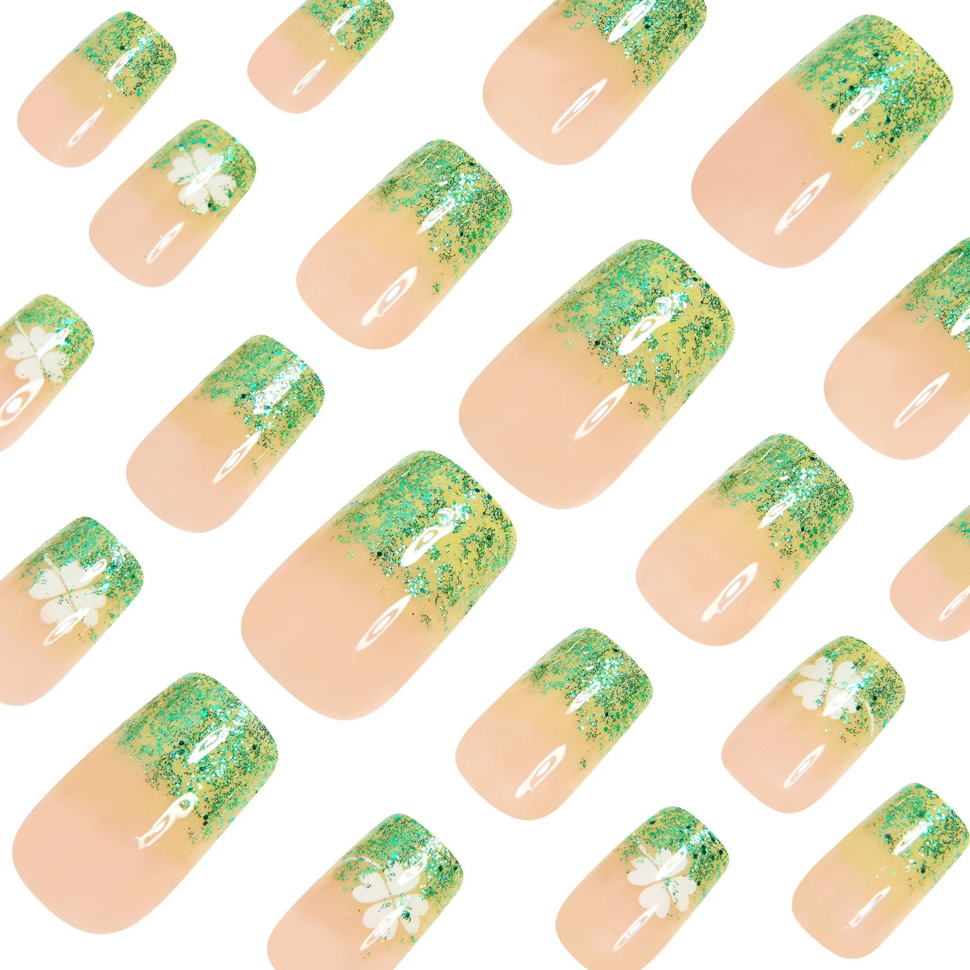 เล็บปลอมแบบสั้น-กลางสำหรับผู้หญิงและเด็กผู้หญิง สีเขียวขาว ลายใบโคลเวอร์สี่แฉก ประดับกลิตเตอร์ สำหรับวันเซนต์แพทริก ชุดเล็บปลอมแบบกดติด